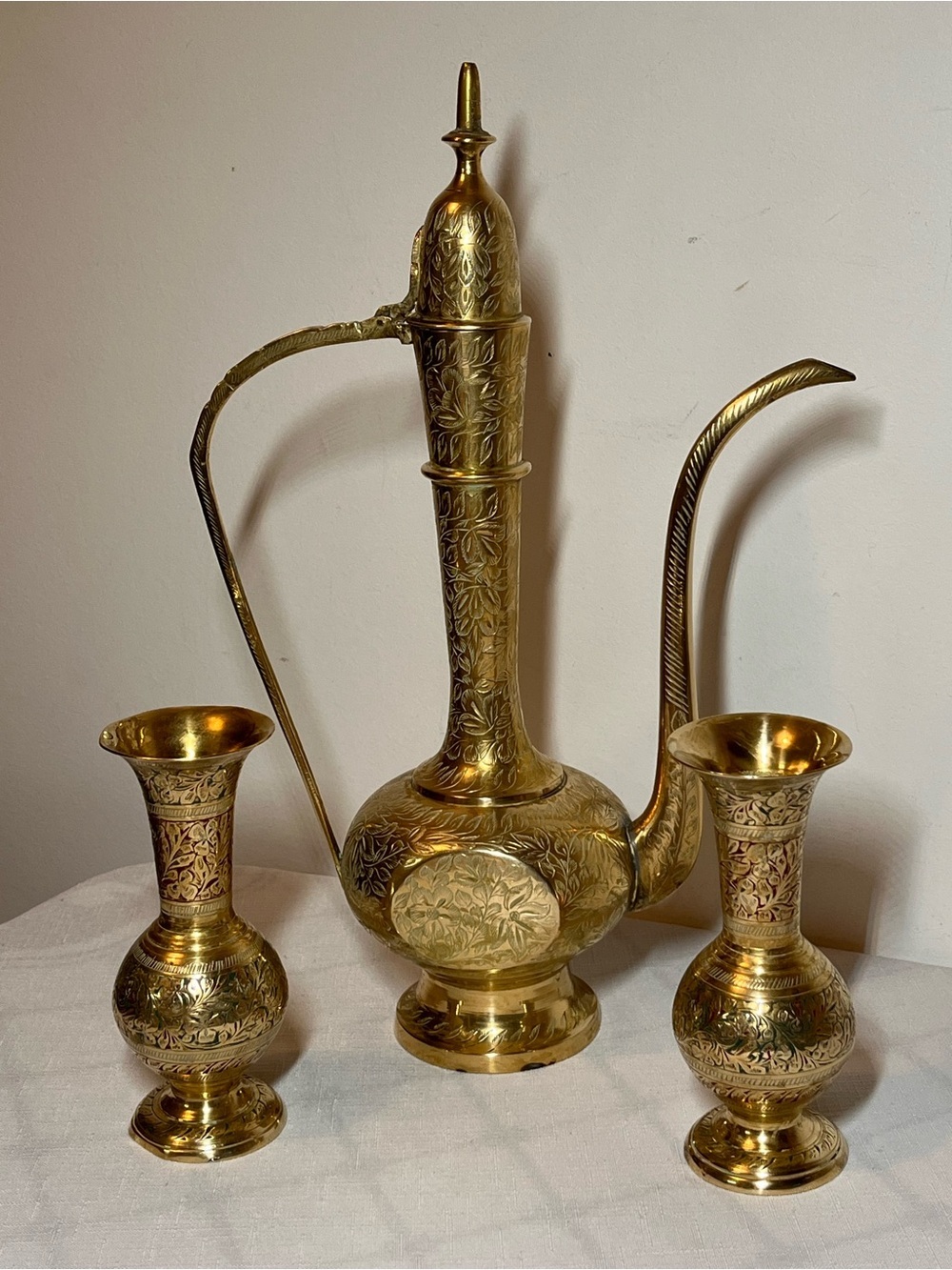 Vintage Etched Brass teapot, Vases (2), & Candle Holder
MCM.
